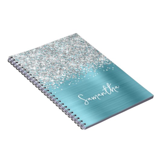 Silver Glitter Robin Egg Blue Glam Script Naam Notitieboek (Rechterzijde)