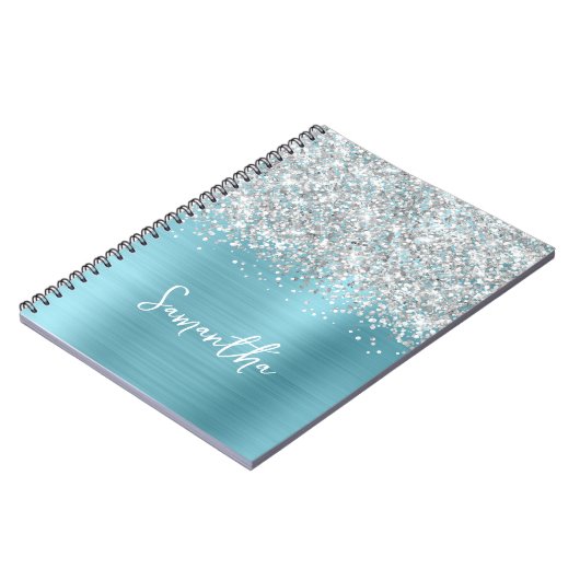 Silver Glitter Robin Egg Blue Glam Script Naam Notitieboek (Linkerzijde)