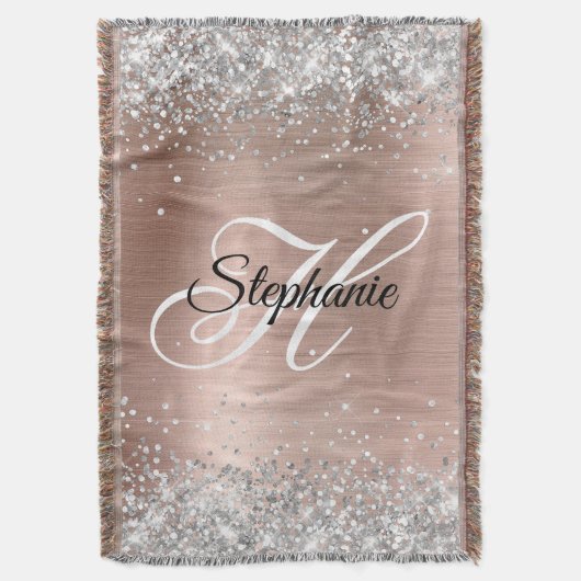 Silver Glitter Roos Gold Foil Fancy Monogram Deken (Voorkant Verticaal)