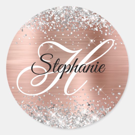 Silver Glitter Roos Gold Foil Fancy Monogram Ronde Sticker (Voorkant)