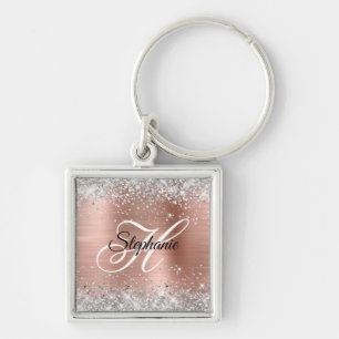 Silver Glitter Roos Gold Foil Fancy Monogram Sleutelhanger