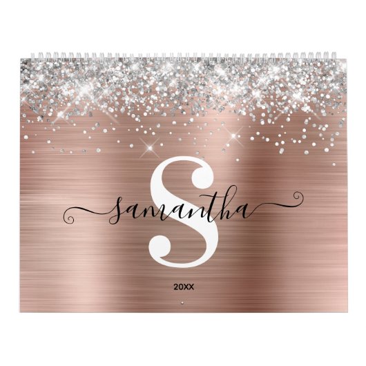 Silver Glitter Roos Gold Foil Monogram Foto Kalender (Hoes)