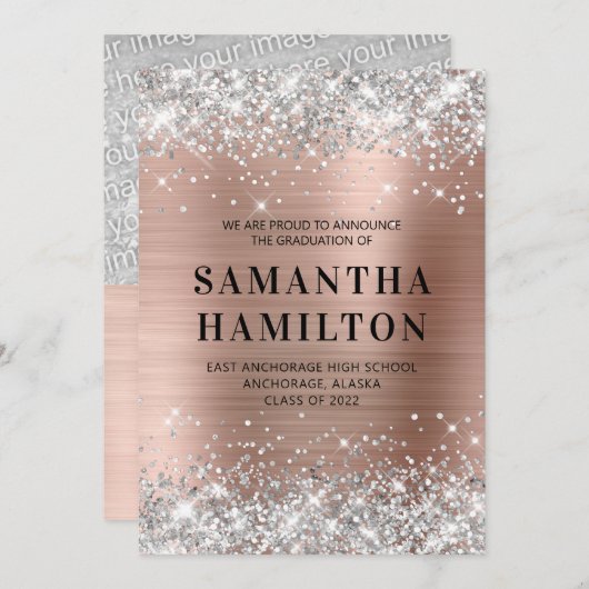 Silver Glitter Roos Gold Ombre Folie Afstuderen Aankondiging (Voorkant / Achterkant)