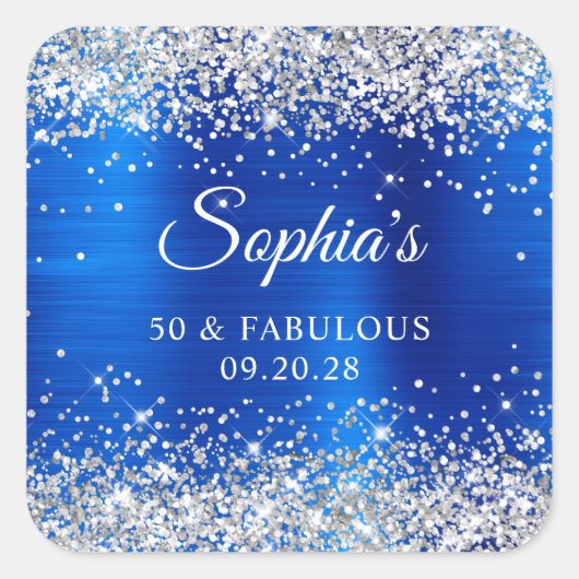Silver Glitter Royal Blue Foil 50 & Fabulous Vierkante Sticker (Voorkant)