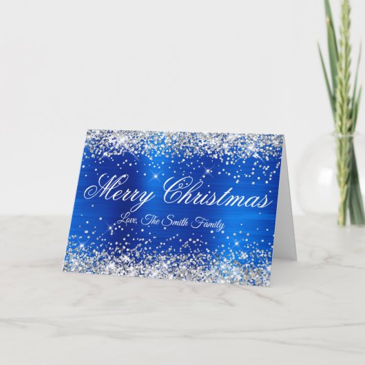Silver Glitter Royal Blue Foil Merry Christmas Kaart (Voorkant)