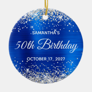 Silver Glitter Royal Blue Folie 50th Birthday Keramisch Ornament