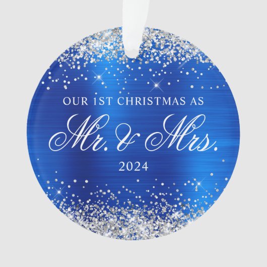 Silver Glitter Royal Blue Folie Onze 1e Kerst Ornament (voorkant)