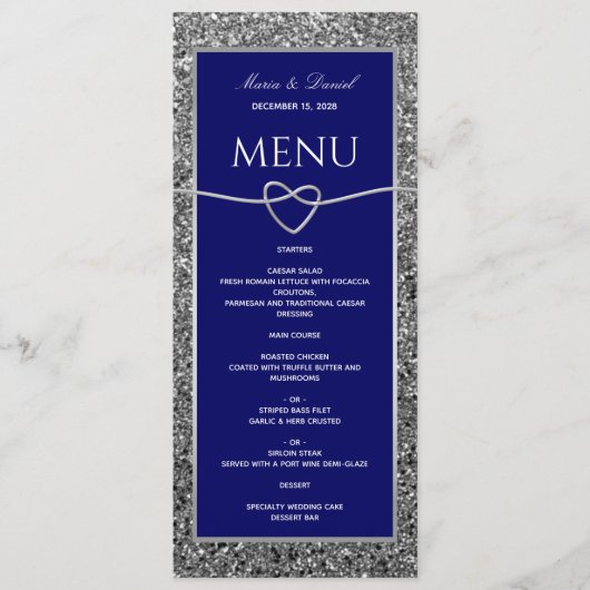 Silver Glitter Royal Blue Wedding Menu (Voorkant)
