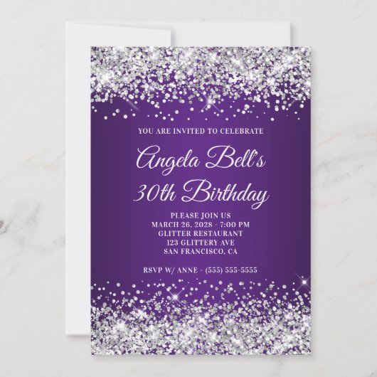 Silver Glitter Royal Paars Gradient 30th Birthday Kaart (Voorkant)