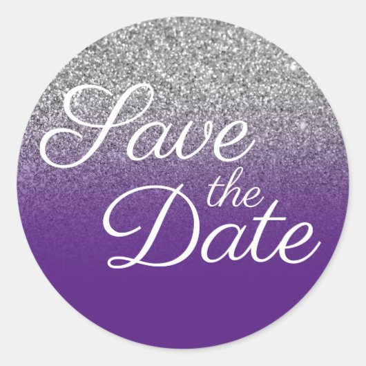 Silver Glitter Royal Paarse Ombre Save the Date Ronde Sticker (Voorkant)