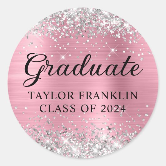 Silver Glitter Roze Klasse van 2024 Afstuderen Ronde Sticker (Voorkant)