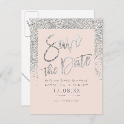 Silver glitter script knippert roze met de datum aankondigingskaart (Voorkant / Achterkant)