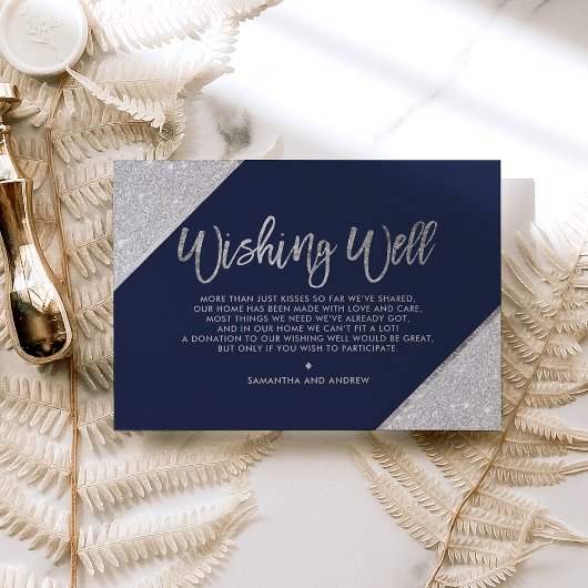 Silver glitter-script navy blue die goed wenst informatiekaartje