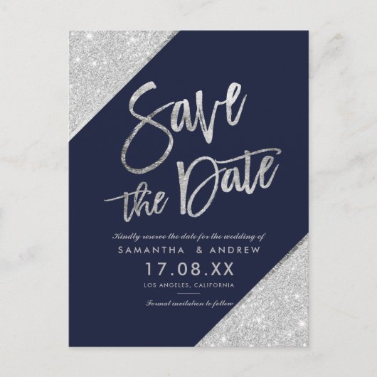 Silver glitter script navy blue save the date aankondigingskaart (Voorkant)