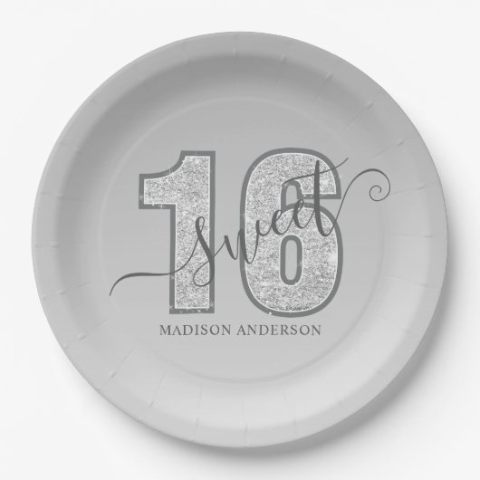 Silver Glitter Script Sweet 16 Papieren Bordje (Voorkant)