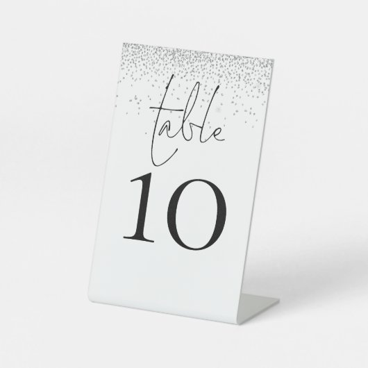 Silver Glitter Script Wedingstabel Number Reclamebord Met Voetstuk (Voorkant)