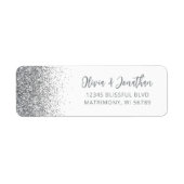 Silver Glitter Script White Wedding Retouradres Etiket (Voorkant)