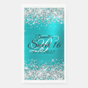 Silver Glitter Shiny Turquoise Blue Folie Sweet 16 Servet