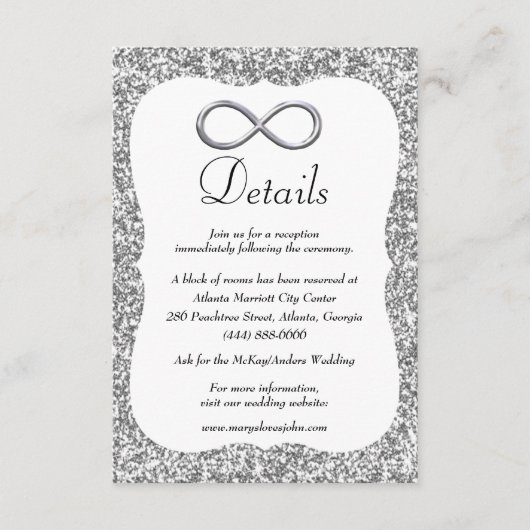 Silver Glitter Silver Infinity Wedding Details Informatiekaartje (Voorkant)