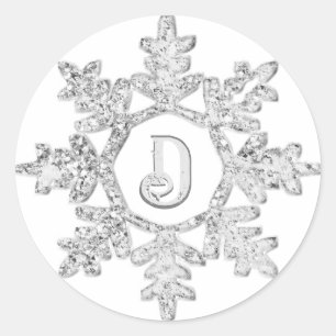 Silver Glitter Snowflake Monogram Kerstmis Ronde Sticker