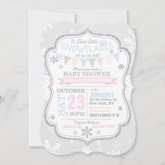 Silver Glitter Snowflake Twins Baby shower Kaart (Voorkant)