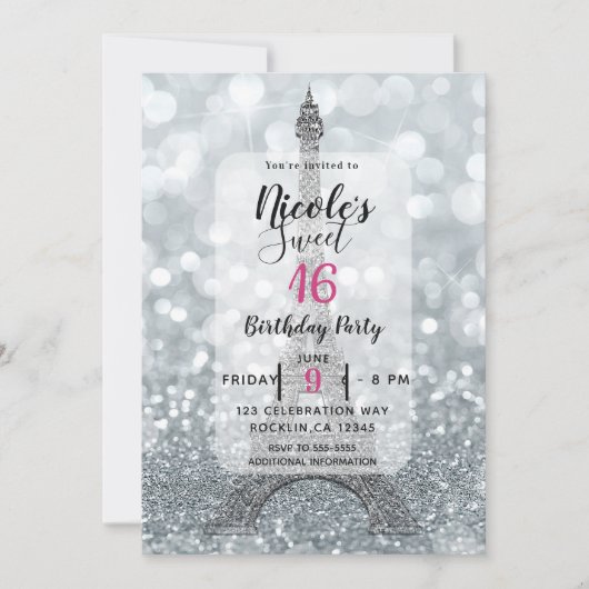 Silver Glitter Sparkle Bling Eiffel Tower Party Kaart (Voorkant)