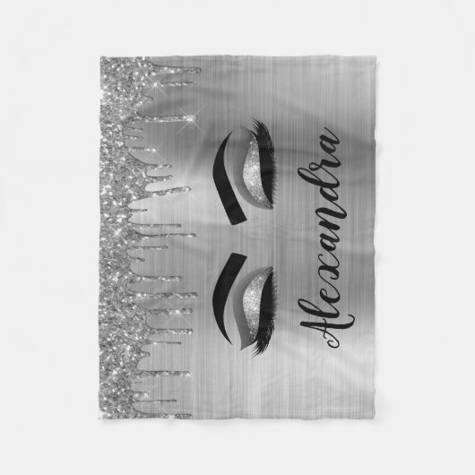 Silver Glitter Sparkle Eyelashes Monogram Naam Fleece Deken (Voorkant)