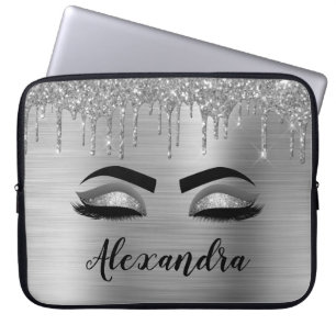 Silver Glitter Sparkle Eyelashes Monogram Naam Laptop Sleeve