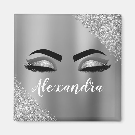 Silver Glitter Sparkle Eyelashes Monogram Naam Magneet (Voorkant)
