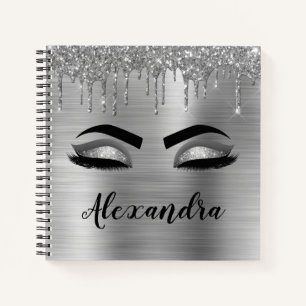 Silver Glitter Sparkle Eyelashes Monogram Naam Notitieboek