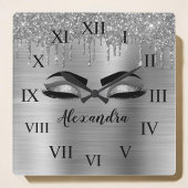 Silver Glitter Sparkle Eyelashes Monogram Naam Vierkante Klok