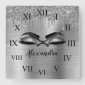 Silver Glitter Sparkle Eyelashes Monogram Naam Vierkante Klok (Voorkant)