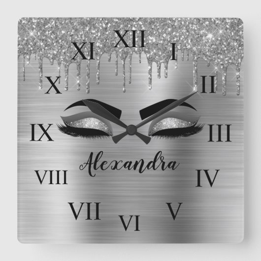 Silver Glitter Sparkle Eyelashes Monogram Naam Vierkante Klok (Voorkant)