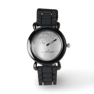 Silver Glitter Sparkle Glam Metal Monogram Naam Horloge