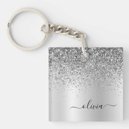 Silver Glitter Sparkle Glam Metal Monogram Naam Sleutelhanger (voorkant)