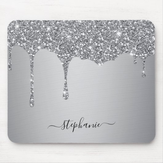 Silver Glitter Sparkle Hand Lettered Name Custom Muismat (Voorkant)