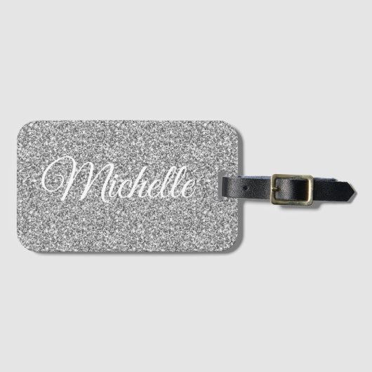 Silver Glitter Sparkle Metallic Personalized Bagagelabel (Voorkant (horizontaal))
