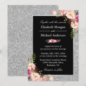 Silver Glitter Sparkles Floral Wedding Invitation Kaart (Voorkant / Achterkant)