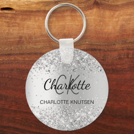 Silver glitter sparkles monogram sleutelhanger (Voorkant)