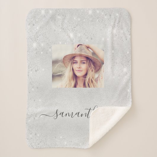 Silver glitter sparkles photoname script sherpa deken (Voorkant)