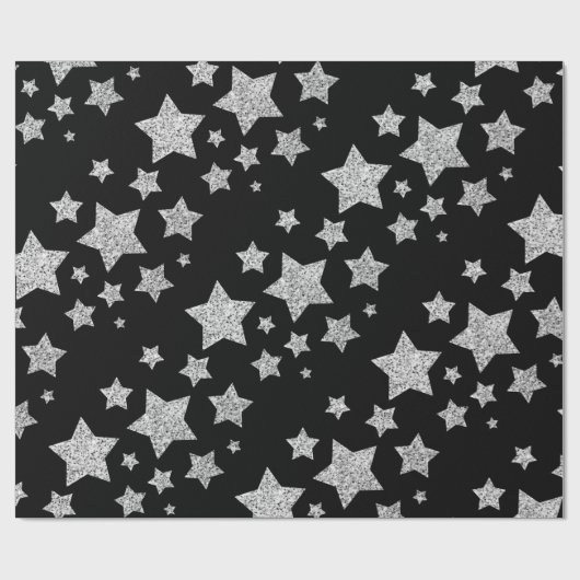 Silver glitter sparkles Stars patroon zwart Cadeaupapier (Vlak)