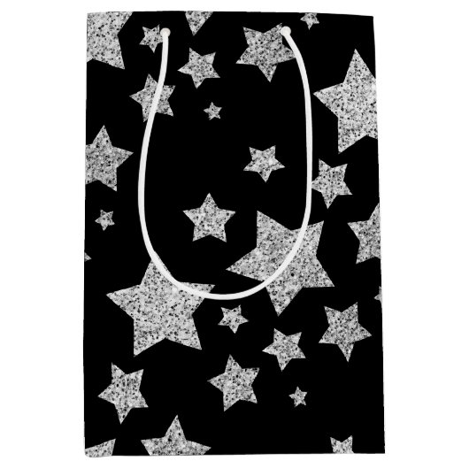 Silver glitter sparkles Stars patroon zwart Medium Cadeauzakje (Voorkant)