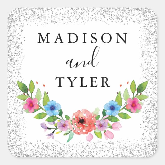 Silver Glitter Sparkles Waterverf Floral Wreater Vierkante Sticker (Voorkant)