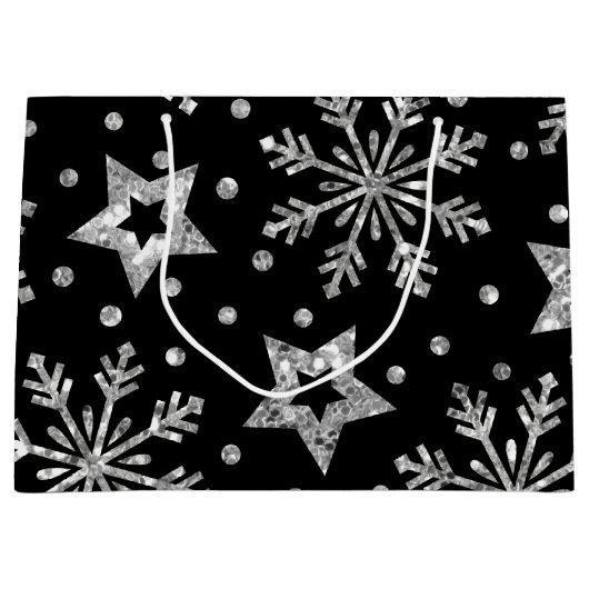 Silver Glitter Stars & Snowflakes Groot Cadeauzakje (Voorkant)