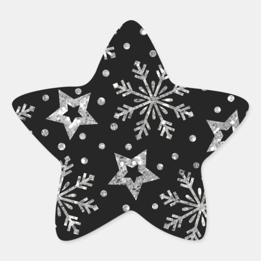 Silver Glitter Stars & Snowflakes Ster Sticker (Voorkant)