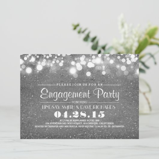 Silver Glitter & String Lights verlovingsfeest Kaart (Staand voorkant)