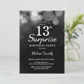 Silver Glitter Surprise 13th Birthday Invitation Kaart (Staand voorkant)