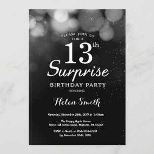 Silver Glitter Surprise 13th Birthday Invitation Kaart