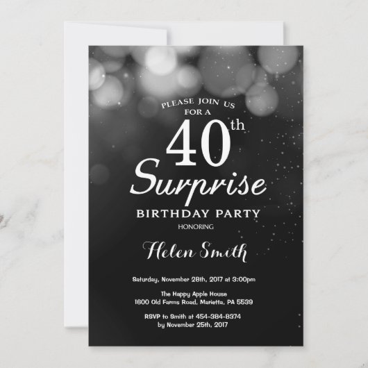 Silver Glitter Surprise 40th Birthday Invitation Kaart (Voorkant)