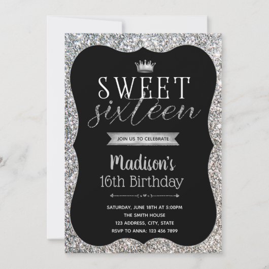 Silver Glitter Sweet 16 feestuitnodiging Kaart (Voorkant)